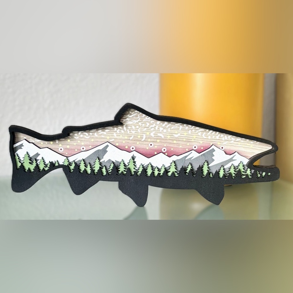 Wildlife Salmon Fish Mountain Scene Wood Wooden 3D Sculpture Diorama Wall Decor